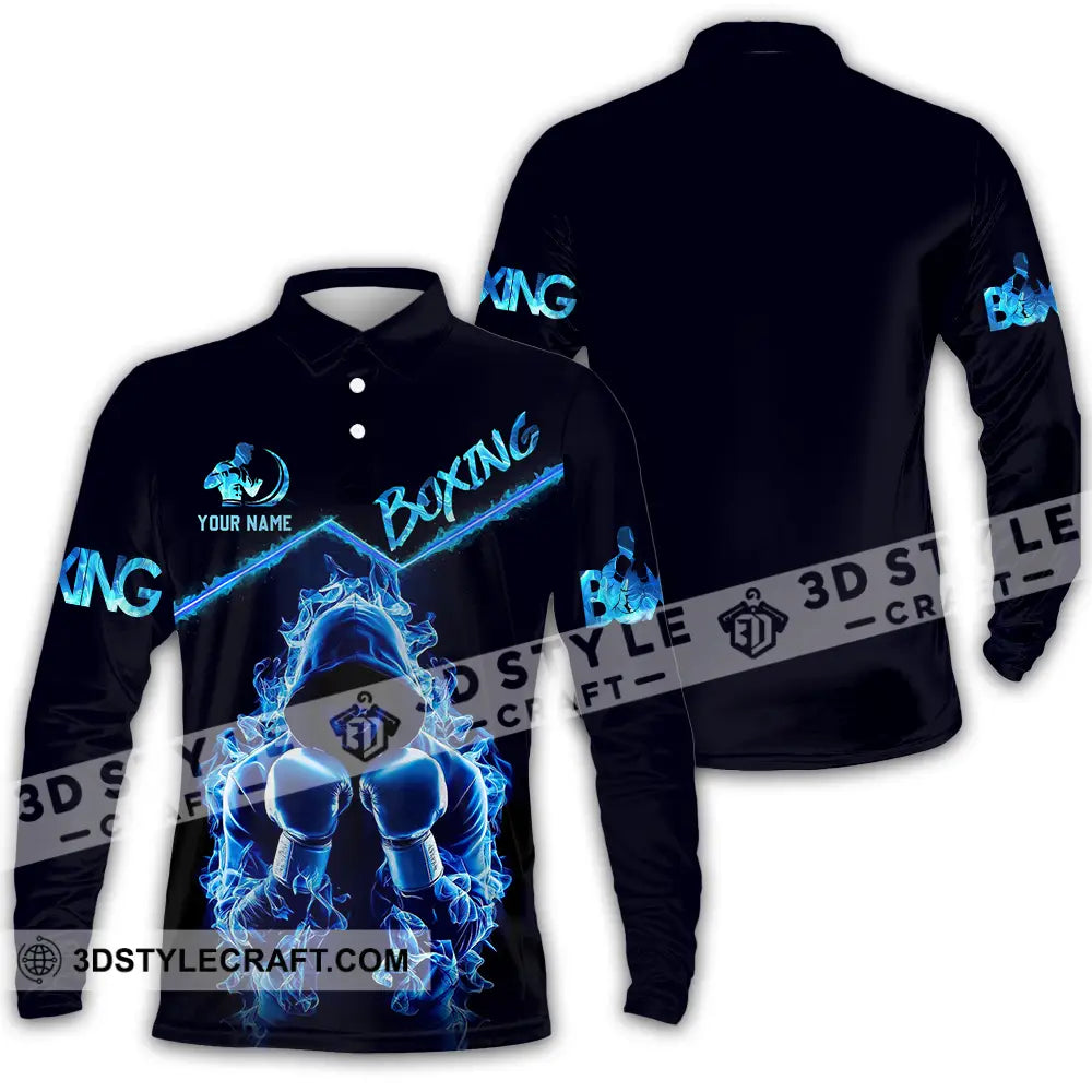 Unisex Shirt - Custom Text Boxing Blue Long Sleeve Polo / S T-Shirt